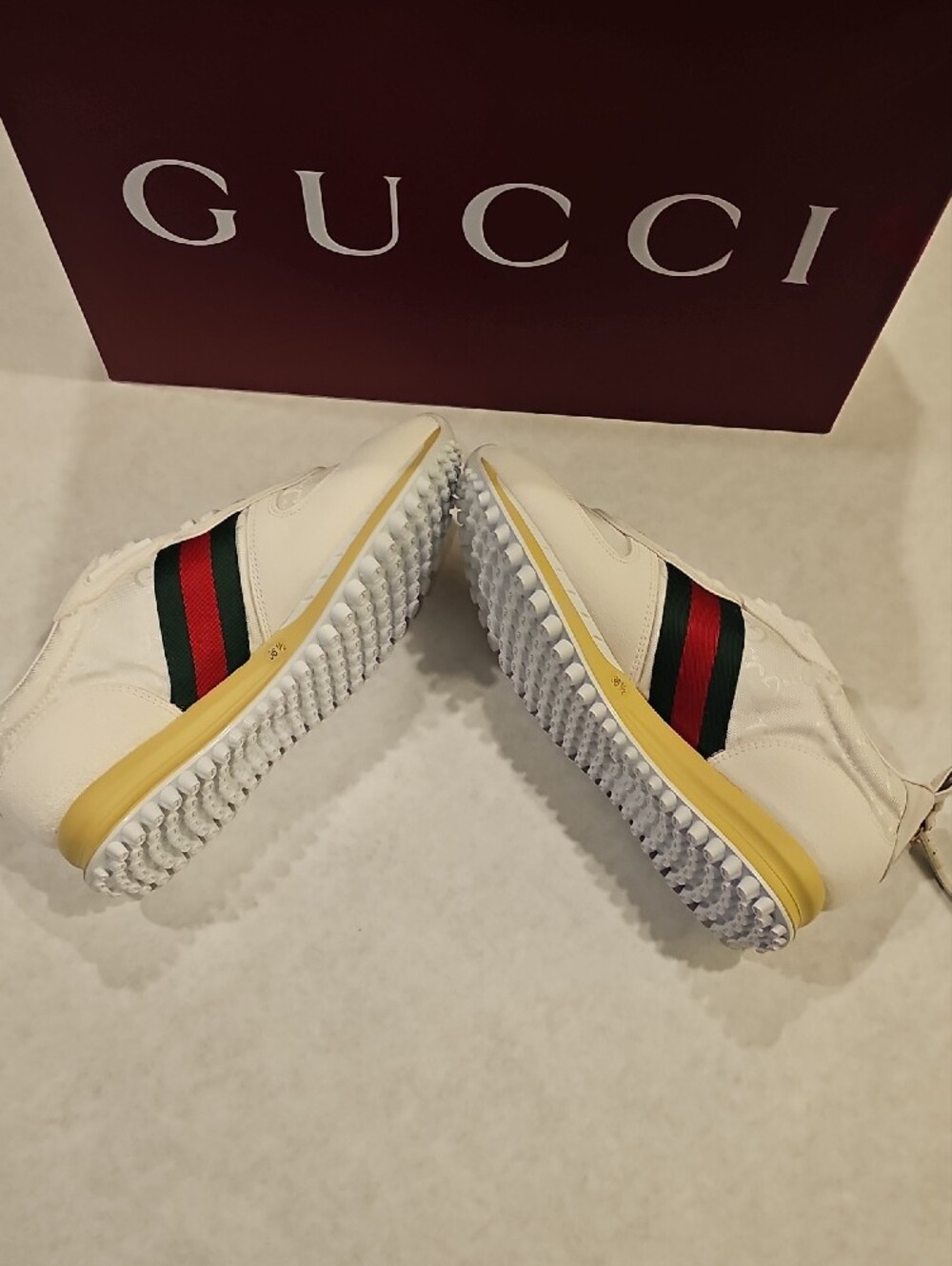 Gucci White Leather Sneakers with Green and Red Web Stripe and Yellow Heel - Picture 5 of 7